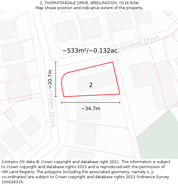 2, THORNTONDALE DRIVE, BRIDLINGTON, YO16 6GW: Plot and title map