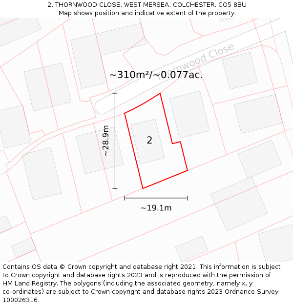 2, THORNWOOD CLOSE, WEST MERSEA, COLCHESTER, CO5 8BU: Plot and title map