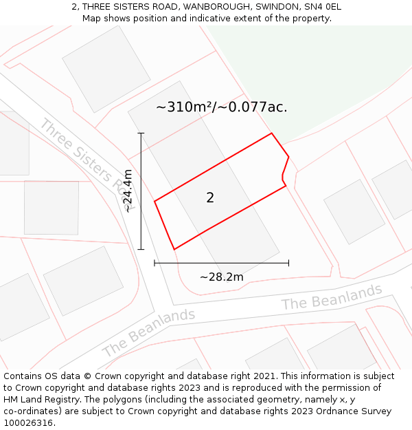 2, THREE SISTERS ROAD, WANBOROUGH, SWINDON, SN4 0EL: Plot and title map