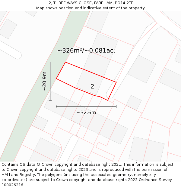 2, THREE WAYS CLOSE, FAREHAM, PO14 2TF: Plot and title map