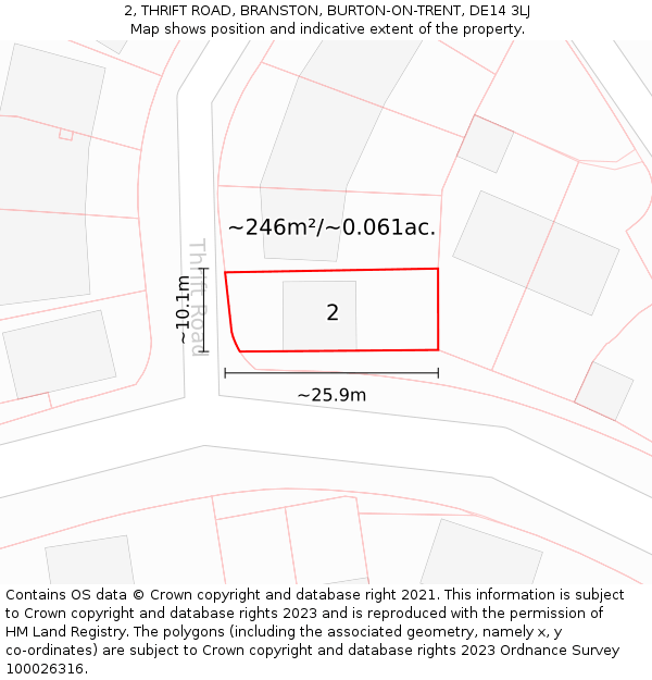 2, THRIFT ROAD, BRANSTON, BURTON-ON-TRENT, DE14 3LJ: Plot and title map