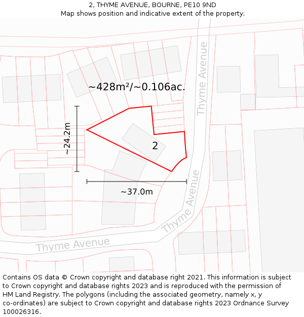 2, THYME AVENUE, BOURNE, PE10 9ND: Plot and title map