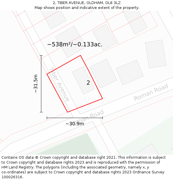 2, TIBER AVENUE, OLDHAM, OL8 3LZ: Plot and title map