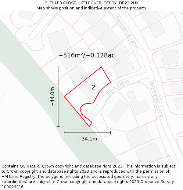 2, TILLER CLOSE, LITTLEOVER, DERBY, DE23 2UX: Plot and title map