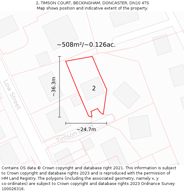 2, TIMSON COURT, BECKINGHAM, DONCASTER, DN10 4TS: Plot and title map