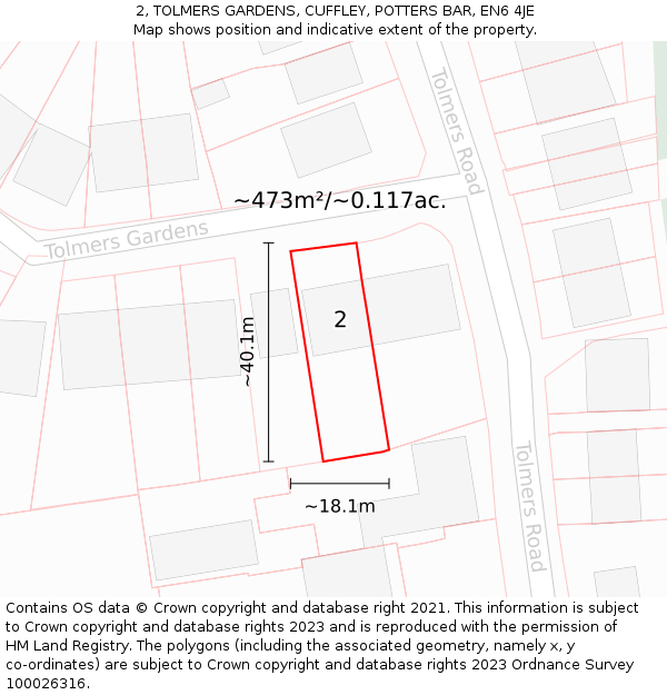 2, TOLMERS GARDENS, CUFFLEY, POTTERS BAR, EN6 4JE: Plot and title map