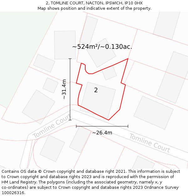 2, TOMLINE COURT, NACTON, IPSWICH, IP10 0HX: Plot and title map