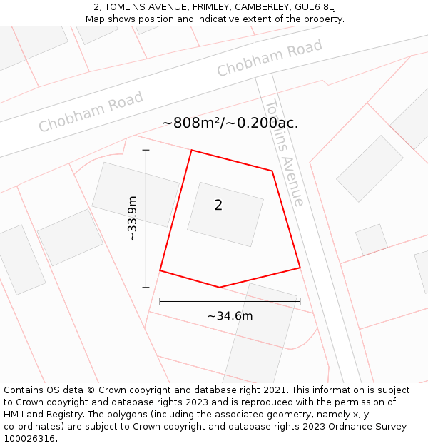 2, TOMLINS AVENUE, FRIMLEY, CAMBERLEY, GU16 8LJ: Plot and title map