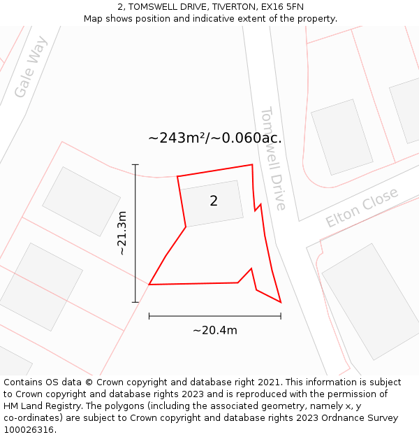 2, TOMSWELL DRIVE, TIVERTON, EX16 5FN: Plot and title map