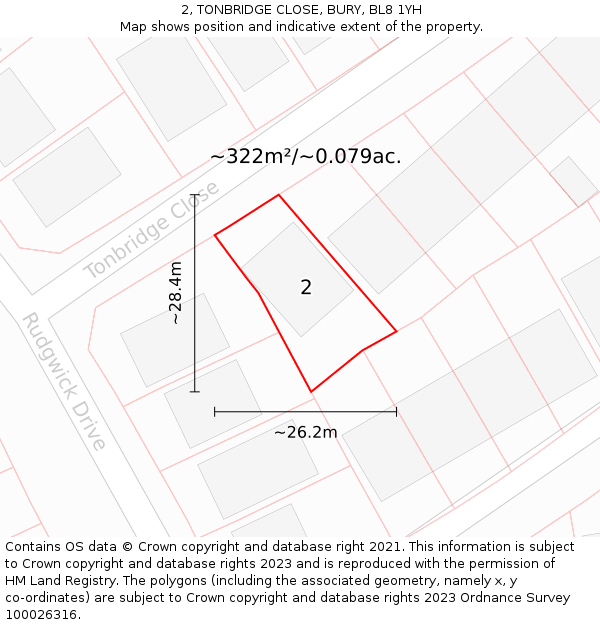 2, TONBRIDGE CLOSE, BURY, BL8 1YH: Plot and title map