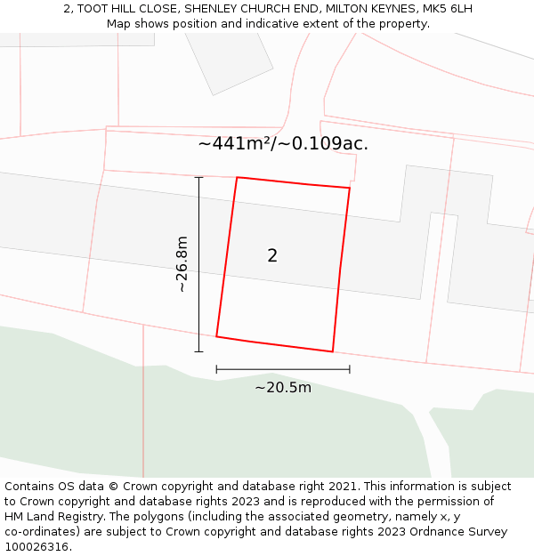 2, TOOT HILL CLOSE, SHENLEY CHURCH END, MILTON KEYNES, MK5 6LH: Plot and title map