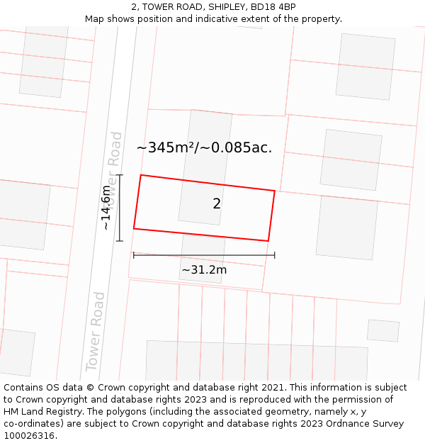 2, TOWER ROAD, SHIPLEY, BD18 4BP: Plot and title map