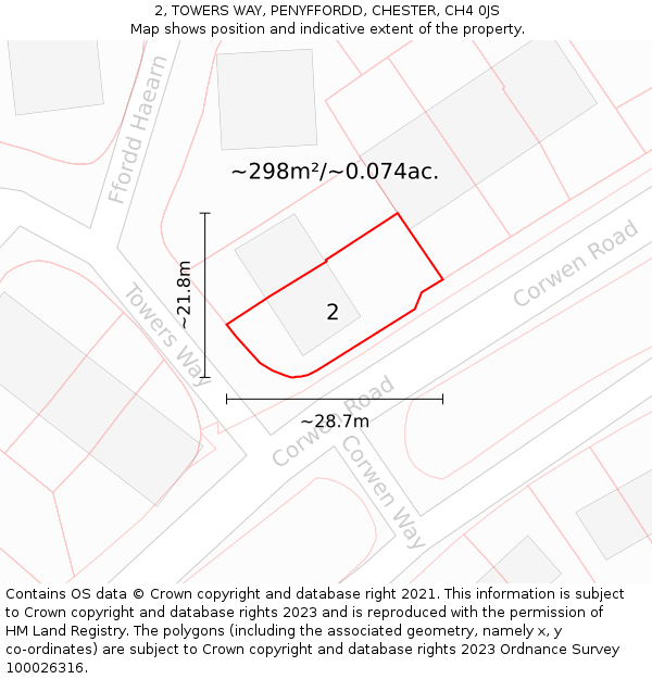 2, TOWERS WAY, PENYFFORDD, CHESTER, CH4 0JS: Plot and title map