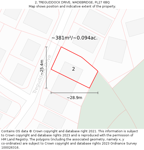 2, TREGUDDOCK DRIVE, WADEBRIDGE, PL27 6BQ: Plot and title map