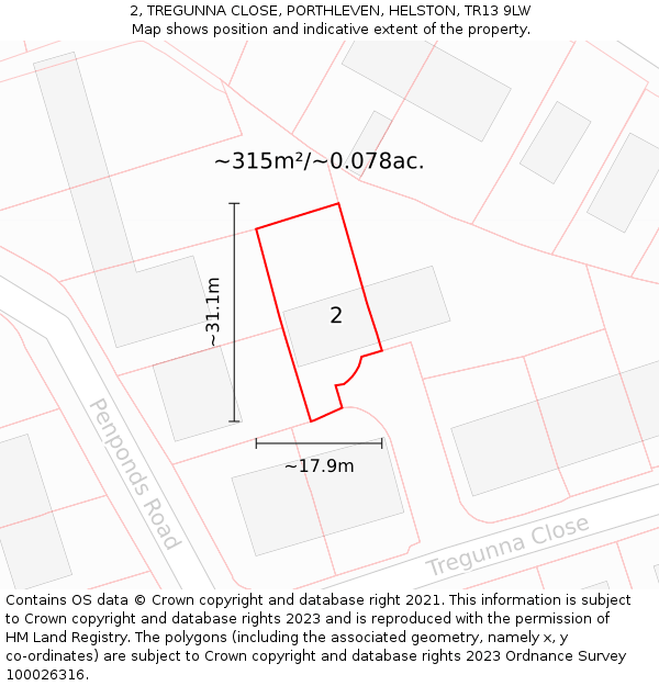 2, TREGUNNA CLOSE, PORTHLEVEN, HELSTON, TR13 9LW: Plot and title map