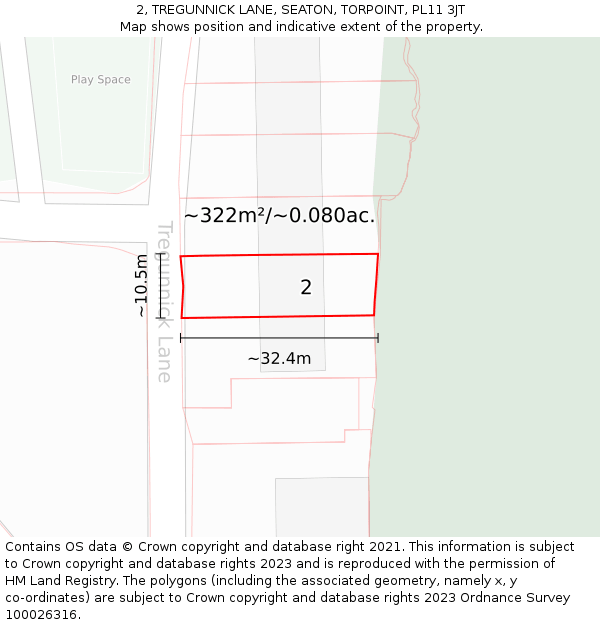 2, TREGUNNICK LANE, SEATON, TORPOINT, PL11 3JT: Plot and title map