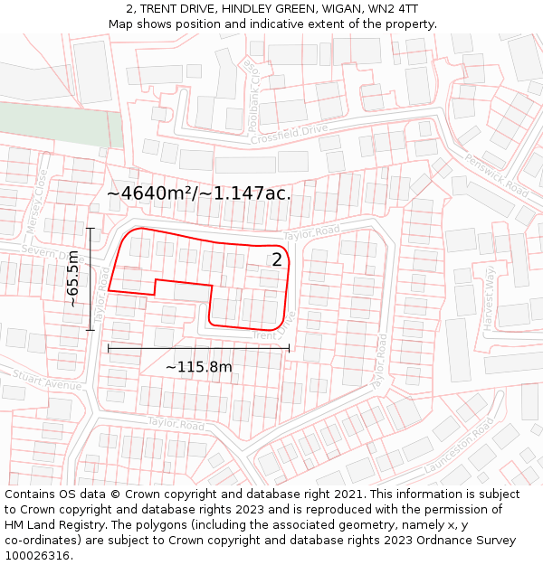 2, TRENT DRIVE, HINDLEY GREEN, WIGAN, WN2 4TT: Plot and title map