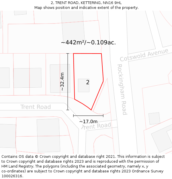 2, TRENT ROAD, KETTERING, NN16 9HL: Plot and title map