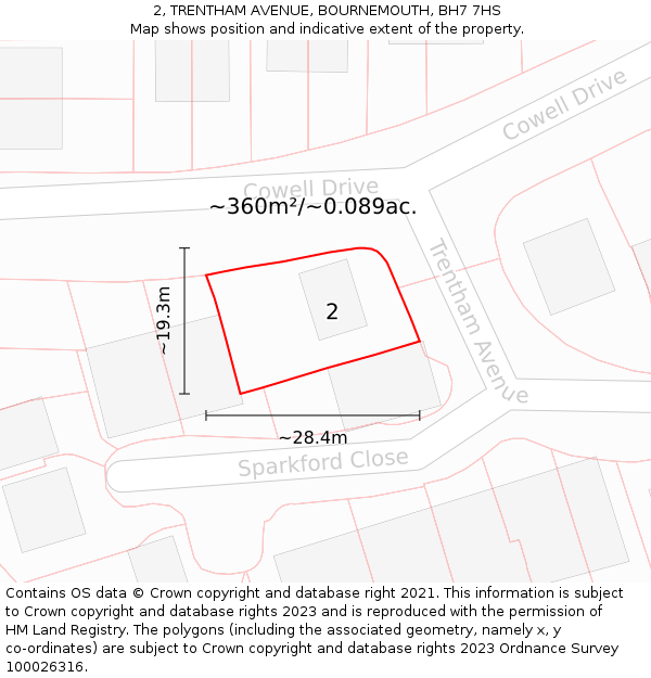 2, TRENTHAM AVENUE, BOURNEMOUTH, BH7 7HS: Plot and title map