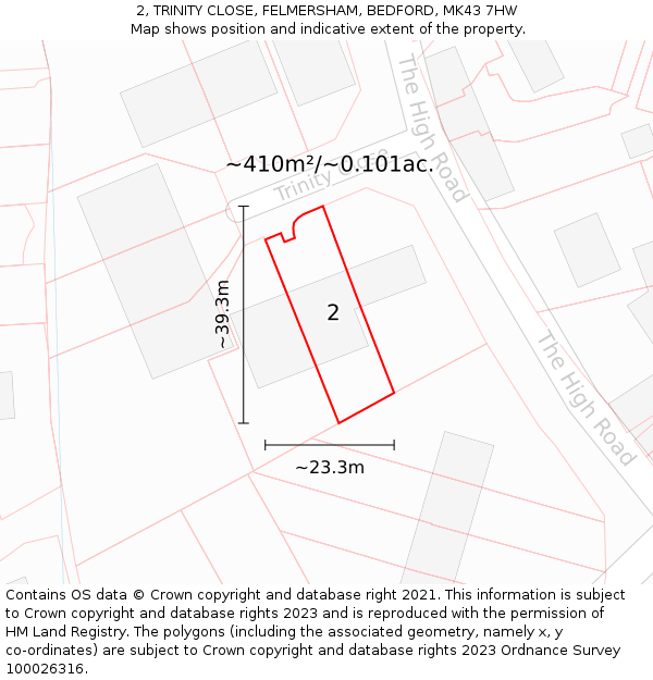 2, TRINITY CLOSE, FELMERSHAM, BEDFORD, MK43 7HW: Plot and title map