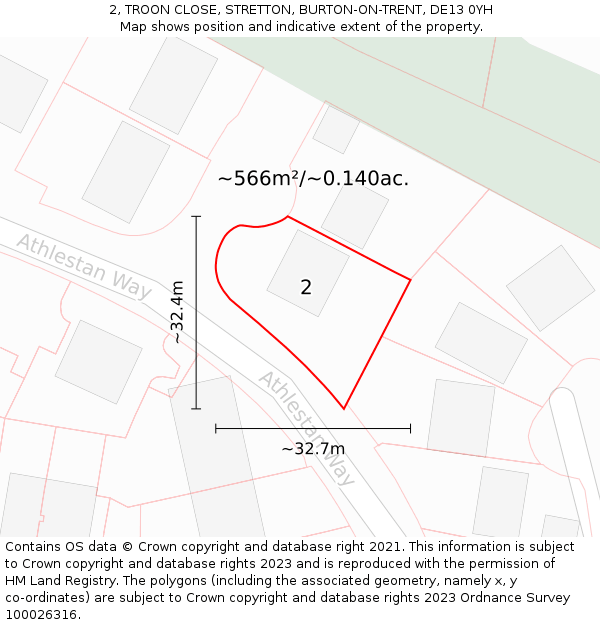 2, TROON CLOSE, STRETTON, BURTON-ON-TRENT, DE13 0YH: Plot and title map