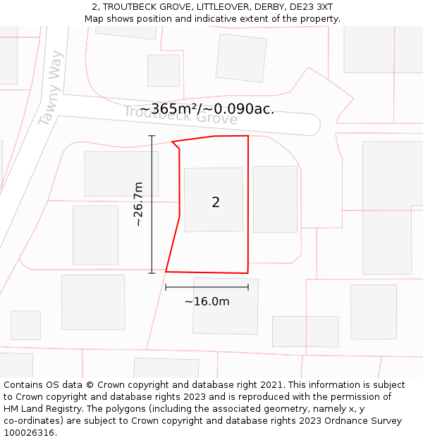 2, TROUTBECK GROVE, LITTLEOVER, DERBY, DE23 3XT: Plot and title map