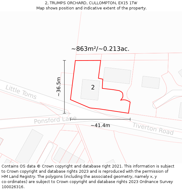 2, TRUMPS ORCHARD, CULLOMPTON, EX15 1TW: Plot and title map