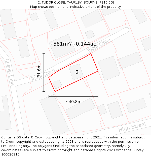 2, TUDOR CLOSE, THURLBY, BOURNE, PE10 0QJ: Plot and title map