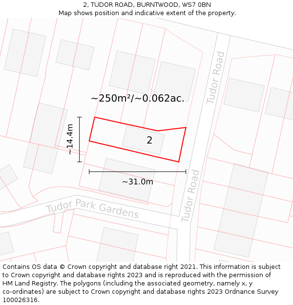 2, TUDOR ROAD, BURNTWOOD, WS7 0BN: Plot and title map