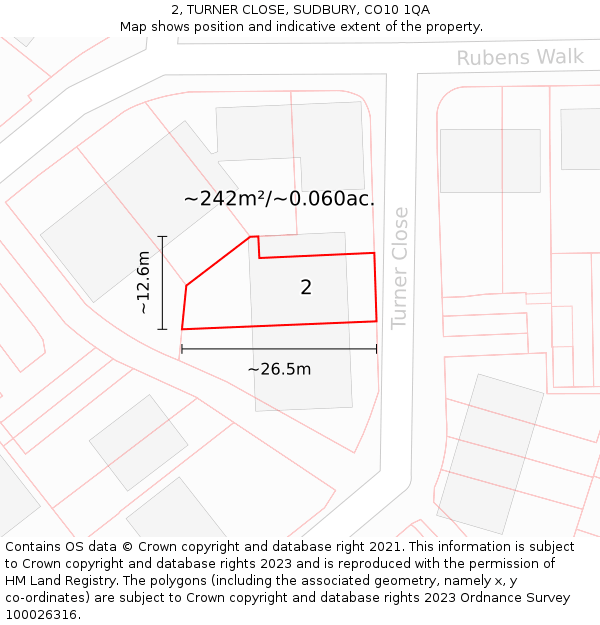 2, TURNER CLOSE, SUDBURY, CO10 1QA: Plot and title map