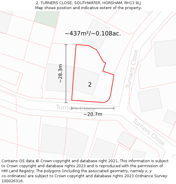 2, TURNERS CLOSE, SOUTHWATER, HORSHAM, RH13 9LJ: Plot and title map