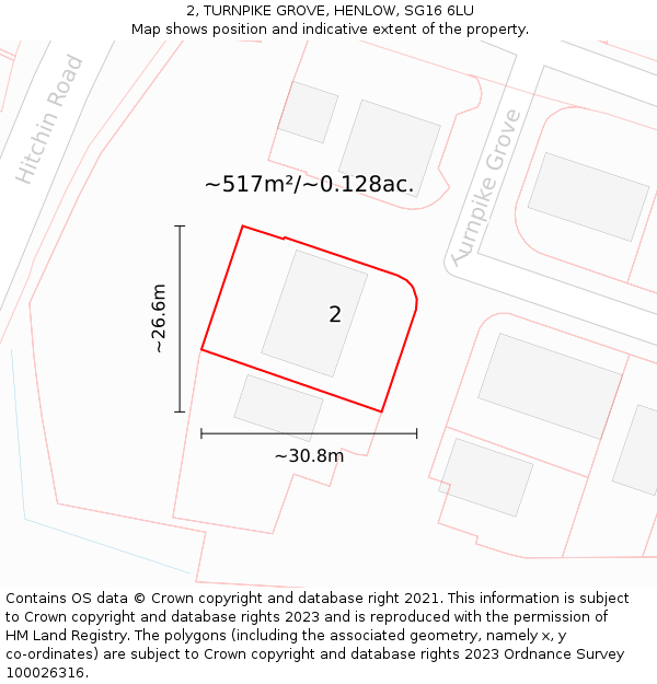 2, TURNPIKE GROVE, HENLOW, SG16 6LU: Plot and title map