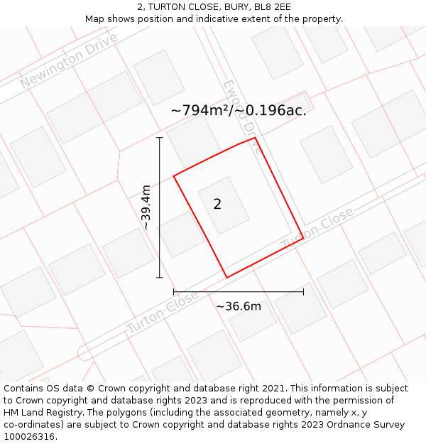 2, TURTON CLOSE, BURY, BL8 2EE: Plot and title map