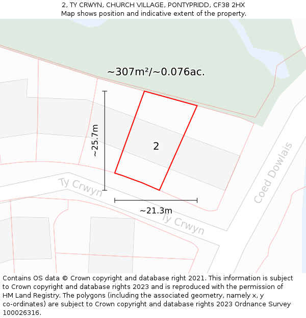 2, TY CRWYN, CHURCH VILLAGE, PONTYPRIDD, CF38 2HX: Plot and title map