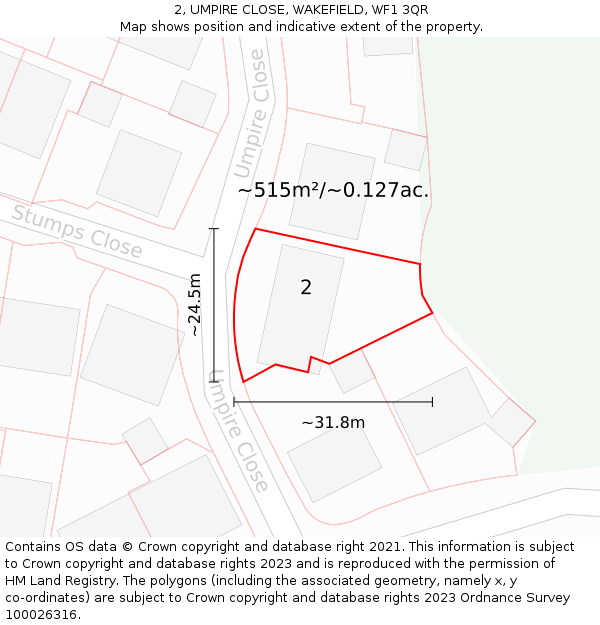 2, UMPIRE CLOSE, WAKEFIELD, WF1 3QR: Plot and title map