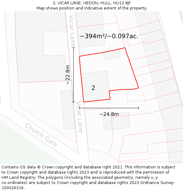 2, VICAR LANE, HEDON, HULL, HU12 8JF: Plot and title map