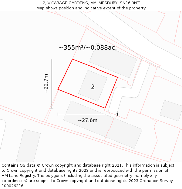 2, VICARAGE GARDENS, MALMESBURY, SN16 9NZ: Plot and title map