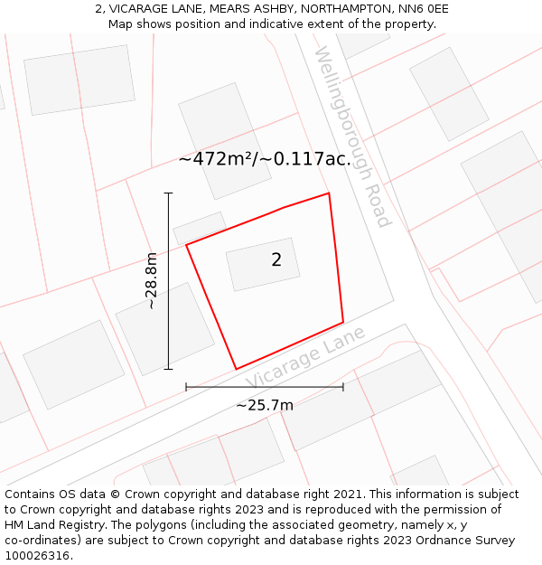 2, VICARAGE LANE, MEARS ASHBY, NORTHAMPTON, NN6 0EE: Plot and title map