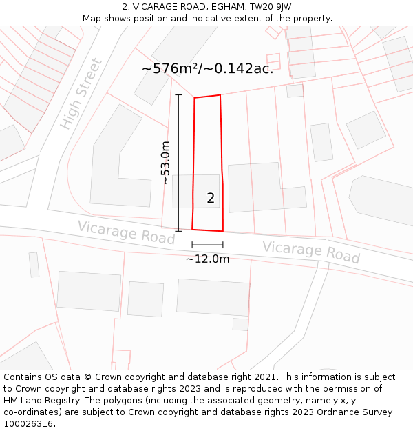 2, VICARAGE ROAD, EGHAM, TW20 9JW: Plot and title map