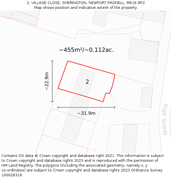 2, VILLAGE CLOSE, SHERINGTON, NEWPORT PAGNELL, MK16 9PZ: Plot and title map