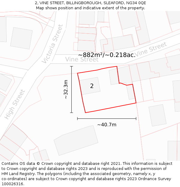 2, VINE STREET, BILLINGBOROUGH, SLEAFORD, NG34 0QE: Plot and title map