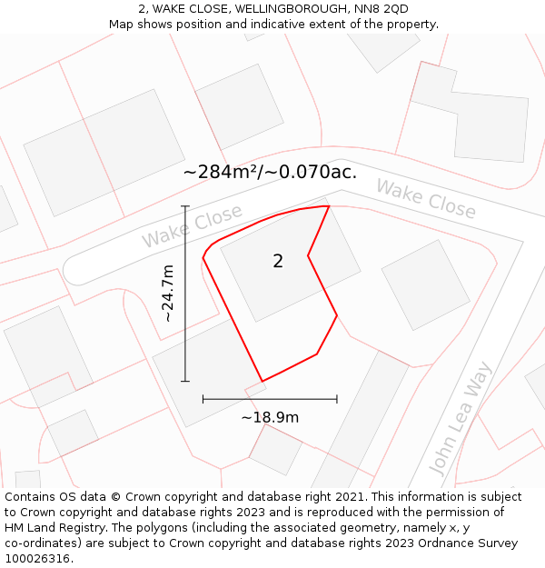 2, WAKE CLOSE, WELLINGBOROUGH, NN8 2QD: Plot and title map