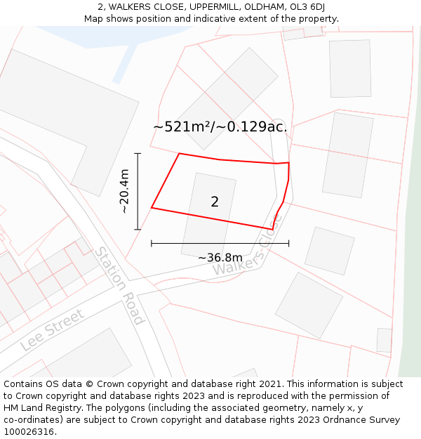 2, WALKERS CLOSE, UPPERMILL, OLDHAM, OL3 6DJ: Plot and title map