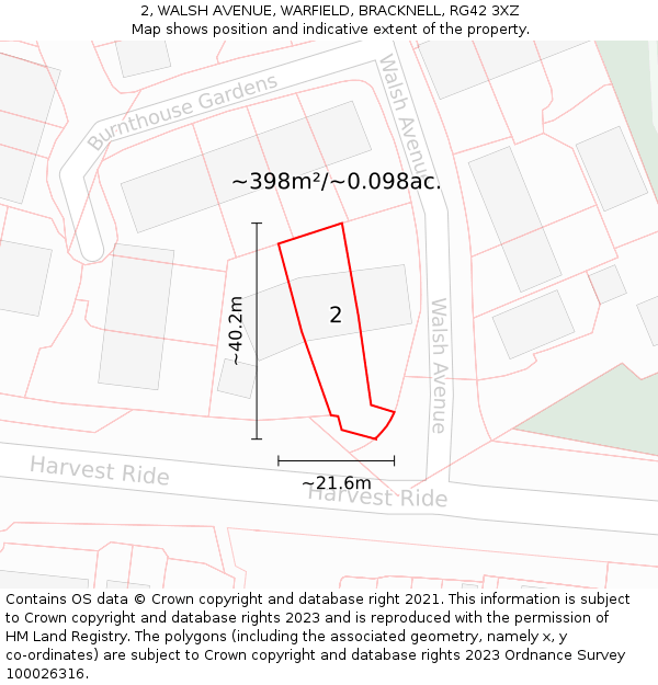 2, WALSH AVENUE, WARFIELD, BRACKNELL, RG42 3XZ: Plot and title map