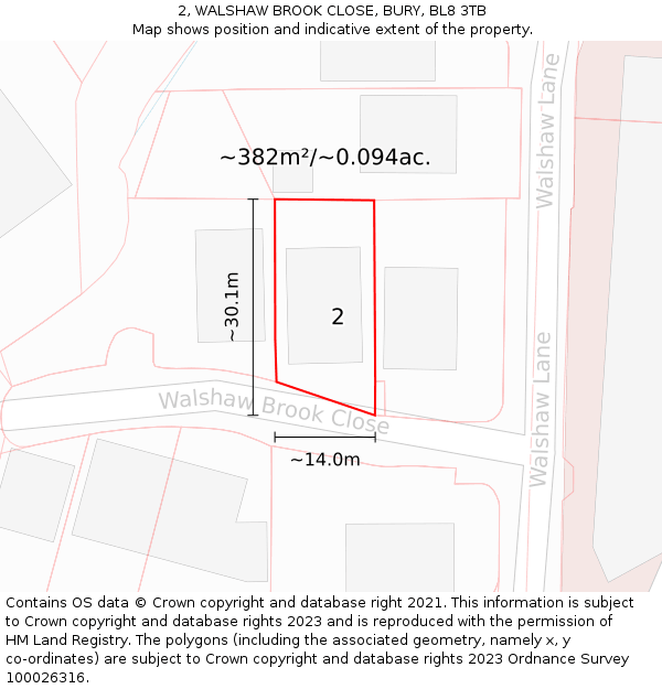 2, WALSHAW BROOK CLOSE, BURY, BL8 3TB: Plot and title map