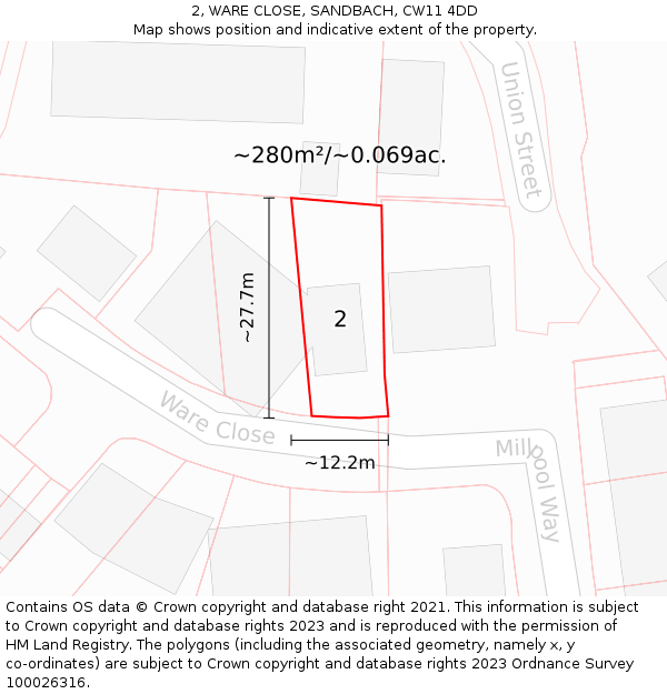 2, WARE CLOSE, SANDBACH, CW11 4DD: Plot and title map