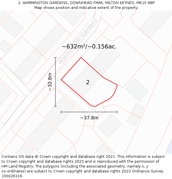 2, WARMINGTON GARDENS, DOWNHEAD PARK, MILTON KEYNES, MK15 9BP: Plot and title map