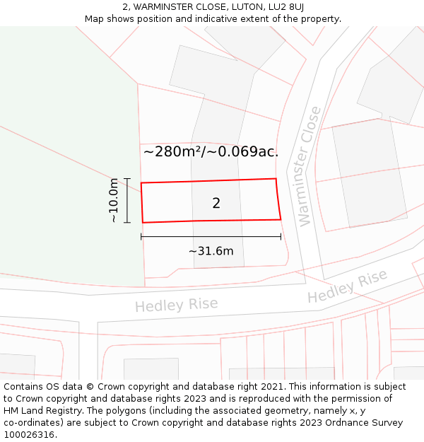 2, WARMINSTER CLOSE, LUTON, LU2 8UJ: Plot and title map