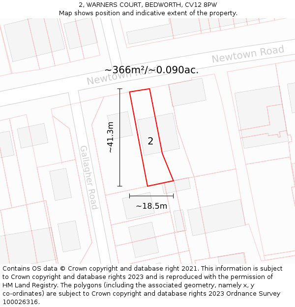 2, WARNERS COURT, BEDWORTH, CV12 8PW: Plot and title map