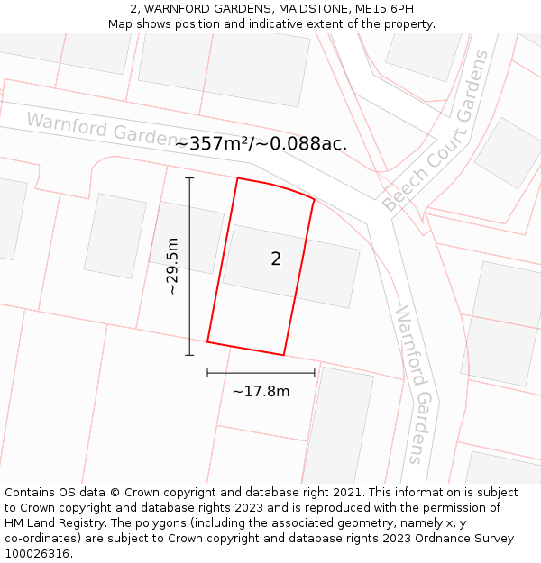 2, WARNFORD GARDENS, MAIDSTONE, ME15 6PH: Plot and title map